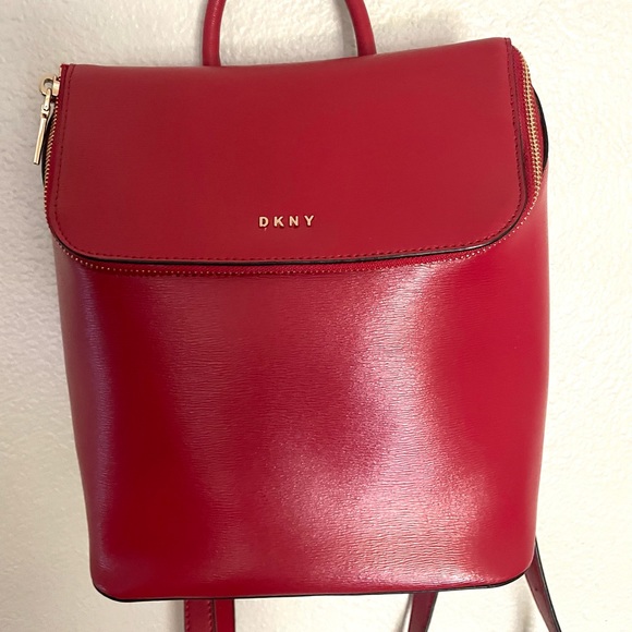 DKNY Bryant Leather Top Zip red Backpack bag - Picture 3 of 10